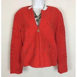 Vintage Womens Artsy Jacket Sz 8 Orange Red Full Zip Blazer FLORAL APPLIQUED